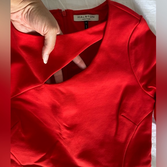 Halston Heritage Red Cut Out Bateau Neckline knee length Dress 3/4 Sleeve US 4 - Picture 14 of 16